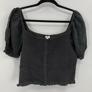 Aerie Womens XL Puffed Sleeve Smocked Top Cropped Smoked Gray Ruffle Boho